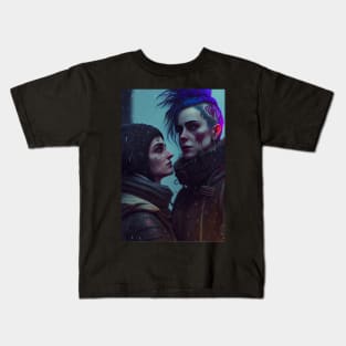 Futuristic Cyberpunk Lesbian Lovers Embrace in Emotional Portrait Kids T-Shirt